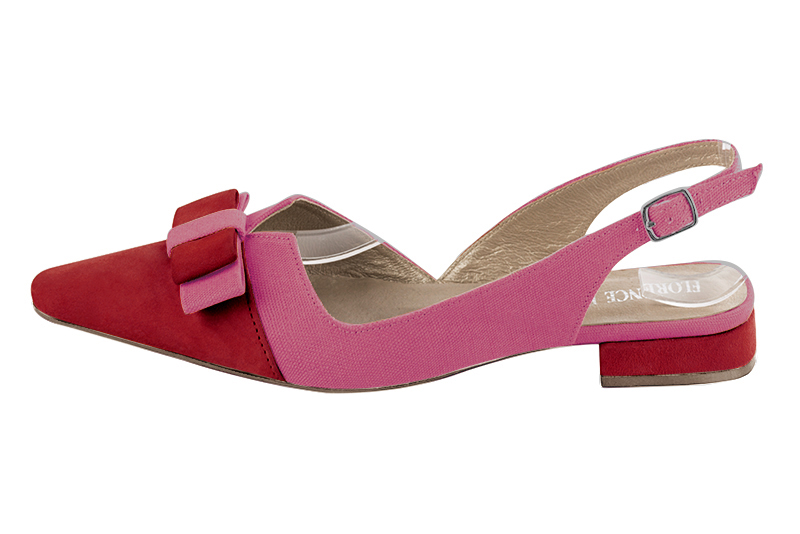 Cardinal red and hot pink women's open back shoes, with a knot. Tapered toe. Flat block heels. Profile view - Florence KOOIJMAN